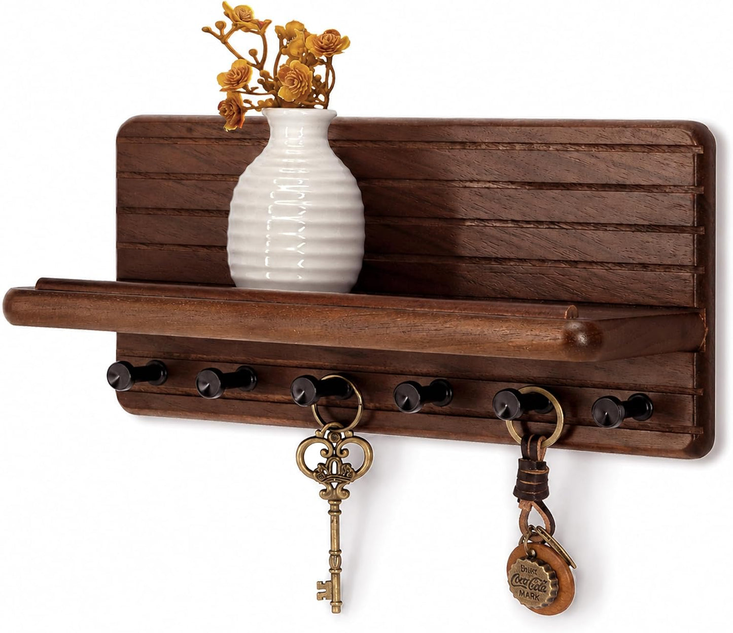 Rebee Vision Farmhouse Key Holder Wall Mount for Home Decor – Decorative Pine Wooden Key Holder for Wall with 6 Hooks & Floating Shelf - Rustic Charm for Room Decor Aesthetic (Brown)