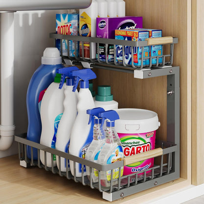 Under Sink Organizer Storage for Families: Pull Out Storage Undersink Organizers Drawer Cabinet - Sliding 2 Tier Rack Metal Organization Under Counter Kitchen Bathroom for Homemakers(White,1 Pack)