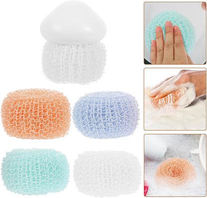 NUOBESTY Kitchen Dish Brush and Scrub Brush Set with Handle, Replaceable Steel Wire Scrubber Balls, Small Sink Scrubber for Cleaning Pots and Dishes, White with 4 Replacement Heads,