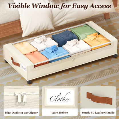 Yecaye Under Bed Storage with Wheels, 2 Pack Under Bed Storage Containers, 60L Underbed Shoe Storage with Clear Window & Label, Rolling Under Bed Metal Drawer for Clothes, Shoes, Books, Blankets