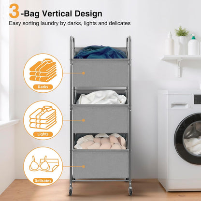 STO STO 3-Tier Vertical Laundry Hamper with Wheels, 120L Rolling Laundry Sorter with 3 Removable Breathable Mesh Bags, Rust-Resistant Steel Frame for Small Spaces, Apartment, Dorm, Black Mesh