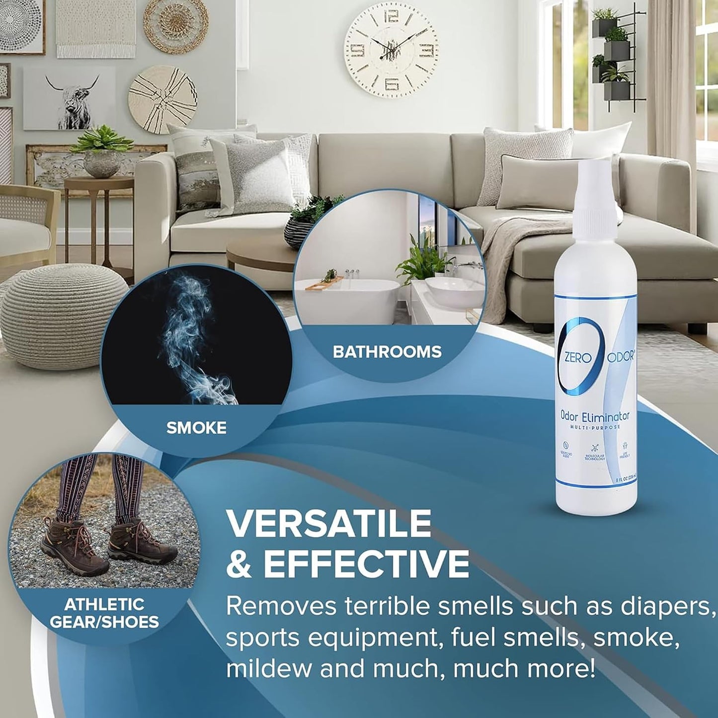 Zero Odor – Multi-Purpose Odor Eliminator - Air & Surface Odor – Patented Technology for Bathroom, Kitchen, Fabric, Closet- Smell Great Again, 16oz