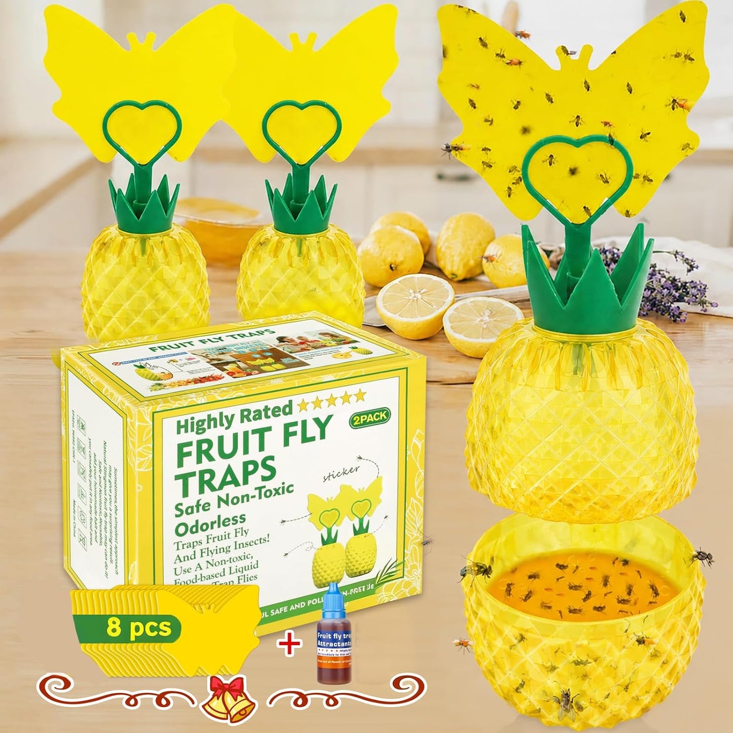 Fruit Fly Trap for Indoors, Effective Fruit Fly Catcher Gnat Killer with Sticker, Gnat Traps for House Indoor with Bait, Non-Toxic Reusable Easy to Use Fly Trap for Kitchen Home - 2 Pack, Clear Yellow
