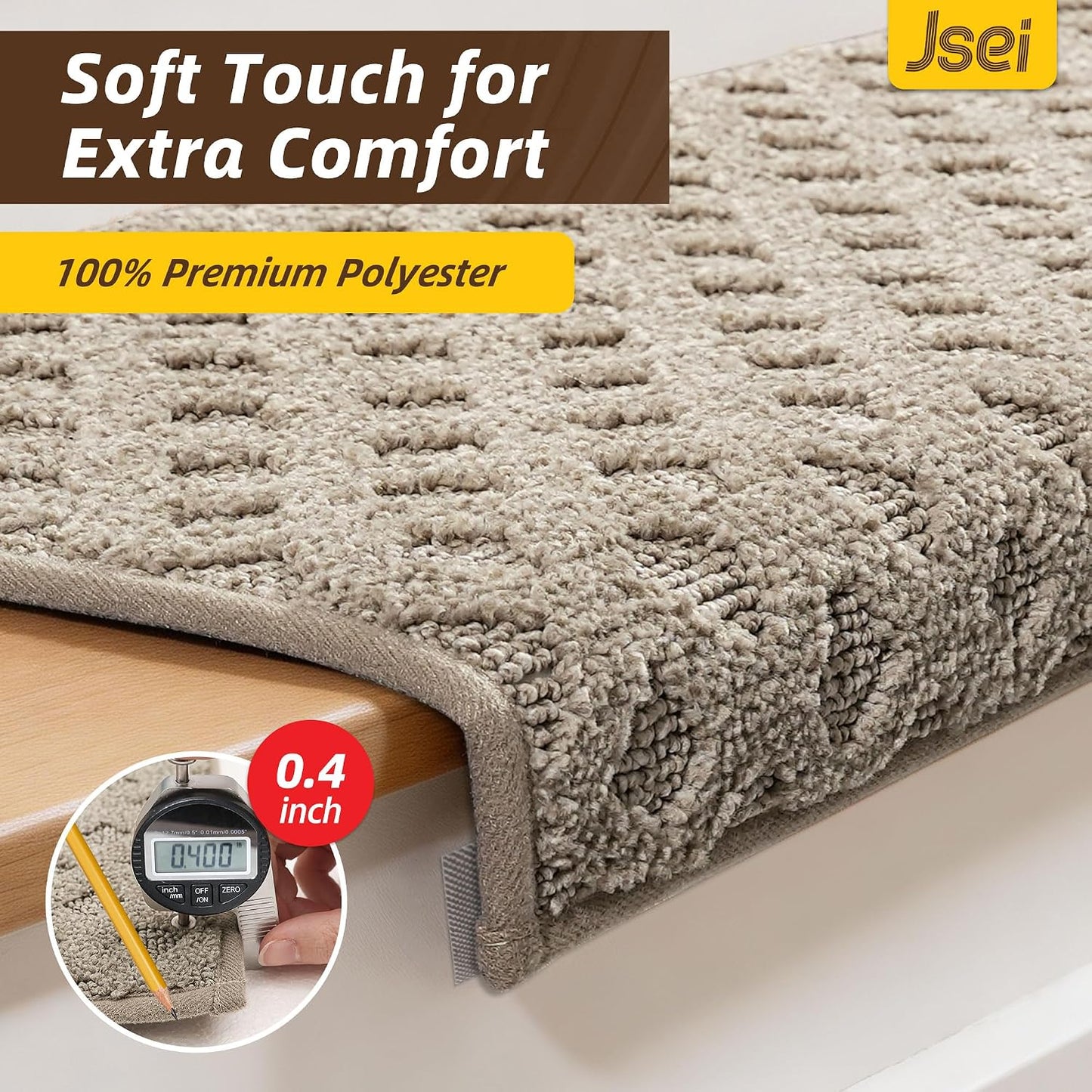 JSEI Bullnose Carpet Stair Treads, 14 Pcs Non Slip Stair Treads for Wooden Steps Indoor with TPE Backing, 11" x 30" Machine Washable Stair Runners with Edge Protection for Kids, Elders and Pets, Beige