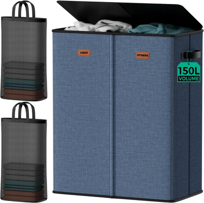 150L 2-Section Laundry Hamper with Lid – Removable Bag, Double Compartment Clothes Hamper for Bathroom, Bedroom, Dorm & Laundry Room