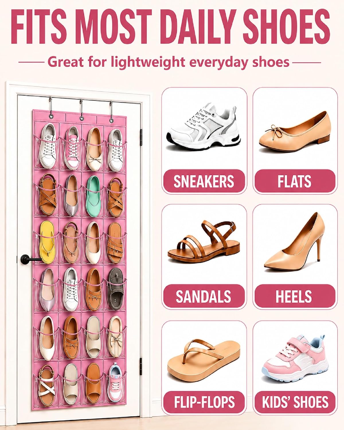 Over the Door Shoe Organizer with 24 Crystal Clear Pockets and Metal Hooks – Heavy Duty Hanging Shoe Storage Rack for Closet, Bathroom, Dorm – Space Saving for Shoes, Accessories, Toys (White)
