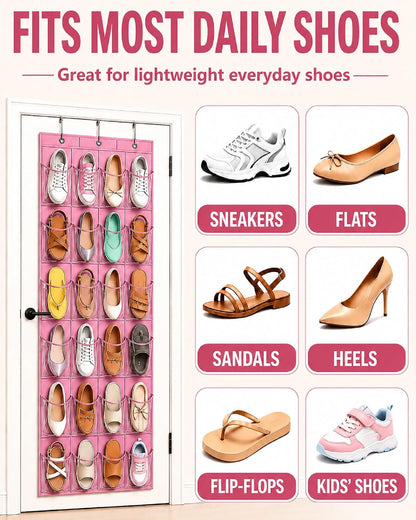 Over the Door Shoe Organizer with 24 Crystal Clear Pockets and Metal Hooks – Heavy Duty Hanging Shoe Storage Rack for Closet, Bathroom, Dorm – Space Saving for Shoes, Accessories, Toys (White)