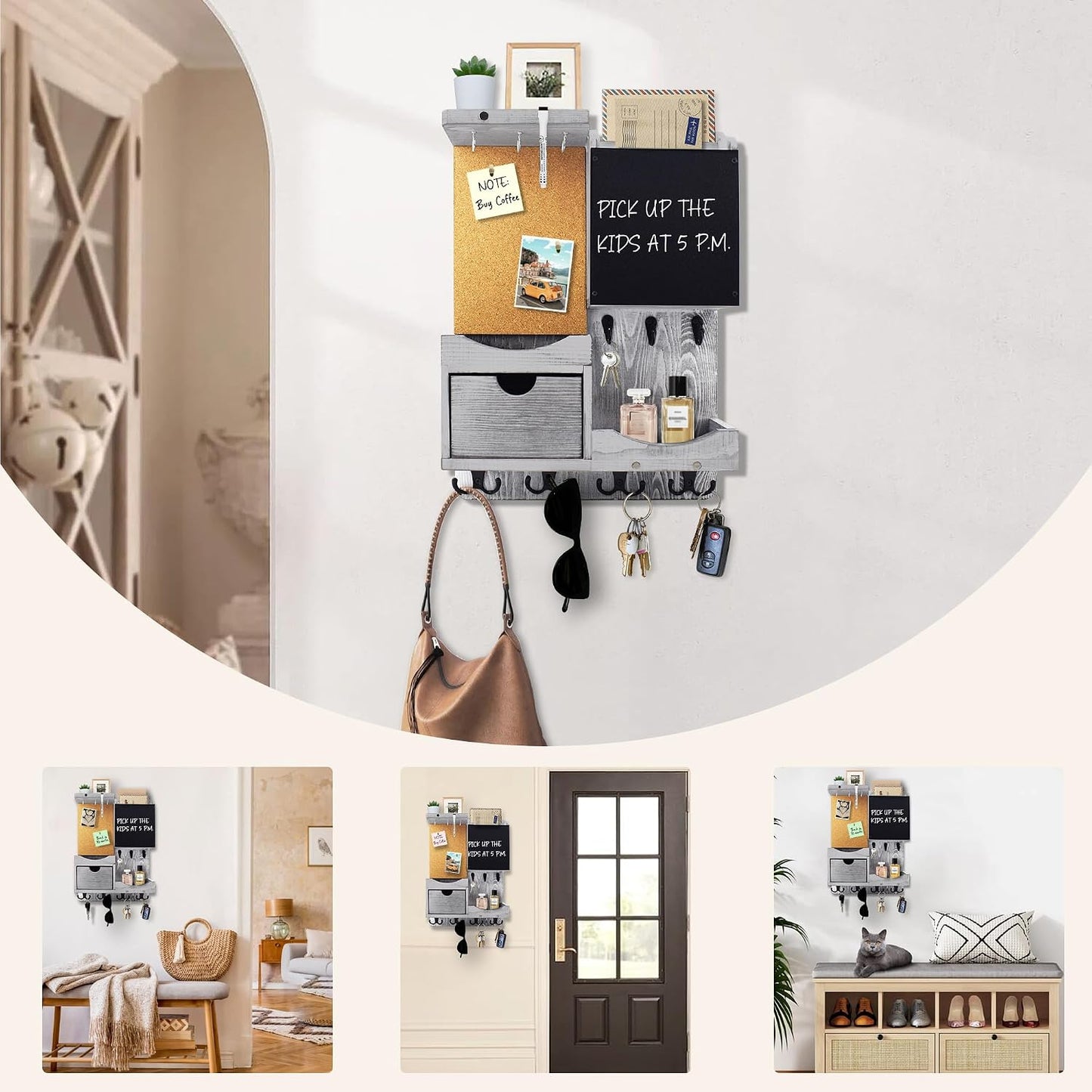 Key Holder for Wall Mount with Shelf and Mail Organizer, Key and Mail Holder with 16 Hooks, Farmhouse Entryway Organizer, Home Decor Rack (Pine Wood, Black)