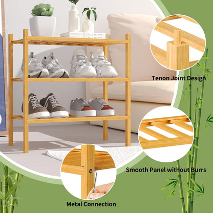 ROMGUAR CRAFT 3 Tier Bamboo Shoe Rack for Closet Free Standing Wood Shoe Shelf Storage Organizer for Entryway Small Space Stackable 27"x11"x20" (Natural)