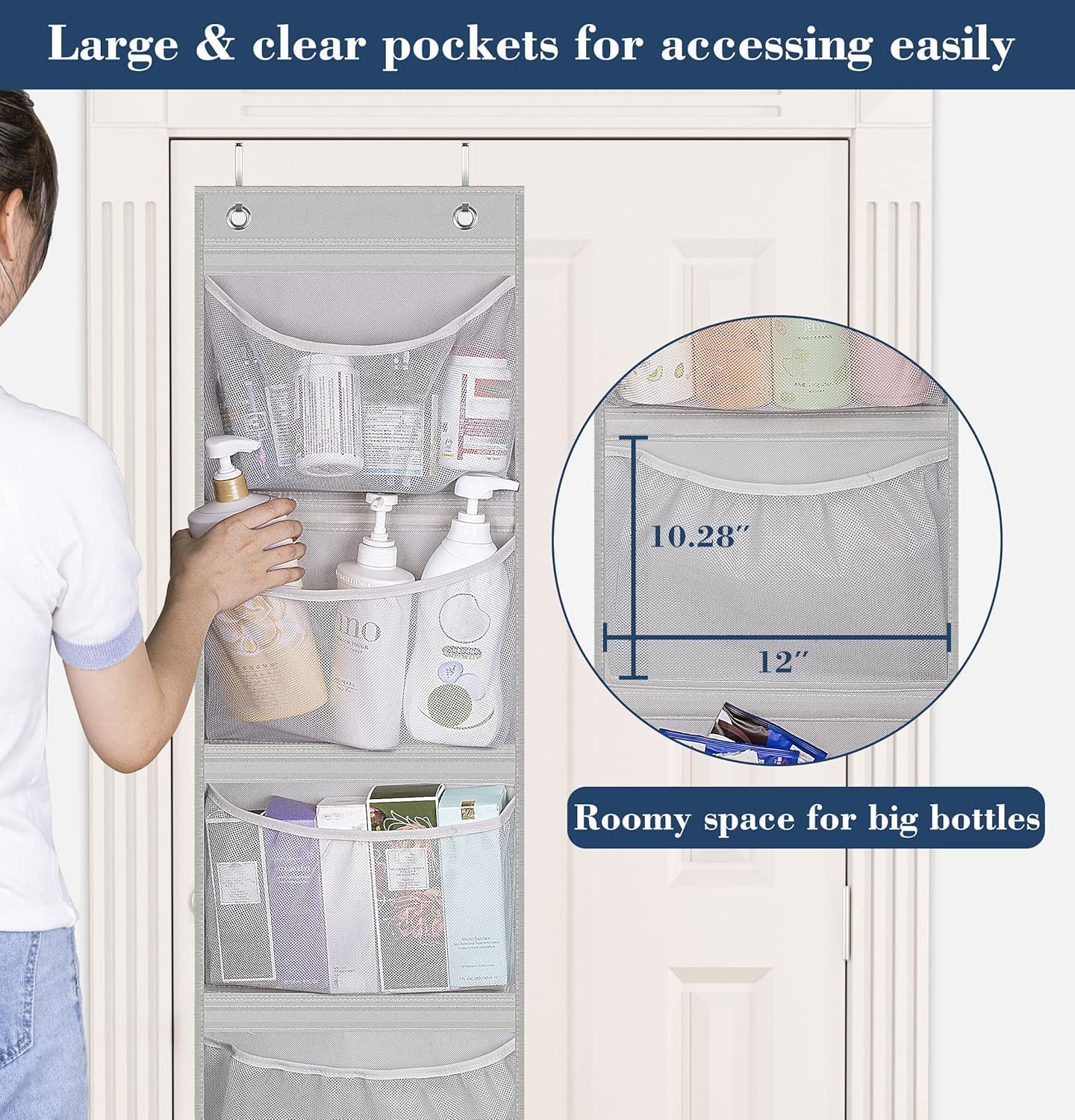 KEETDY Hanging Shelves Over the Door Organizer Storage for Closet with 5 Pockets Organizer for Bedroom Bathroom, 2 Pack（Grey）
