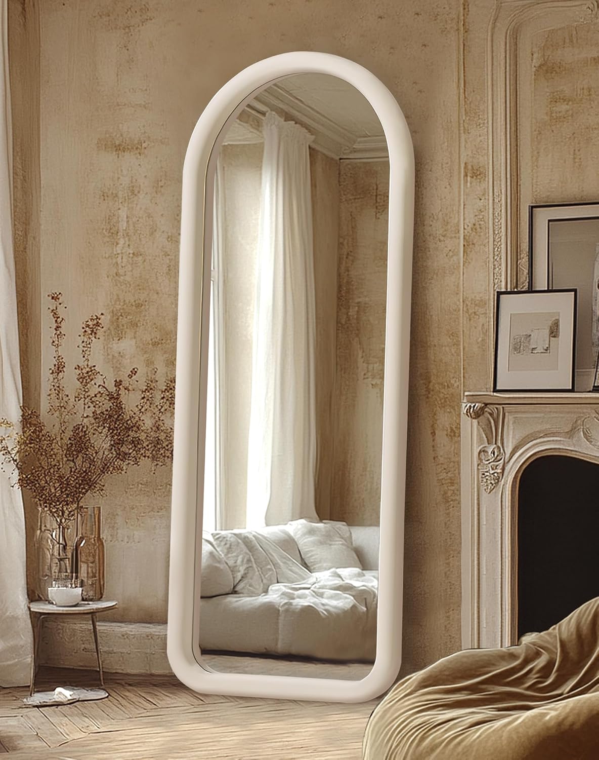 Delma Arched Full Length Mirror, Free Standing Floor Velvet Finish Frame Mirror for Leaning or Hanging, Soft Touch Bedroom & Living Room Decor, Brown