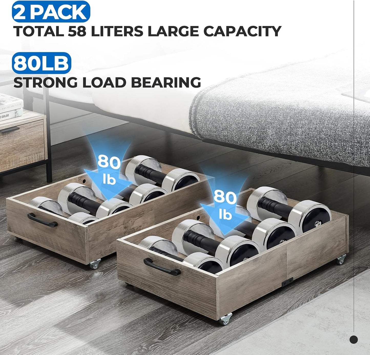 TIOPGHAD 2-Pack Under Bed Storage Drawers Organizer with Wheels, Brown | 58L total capacity, 80 lb per Drawer, Fits 6 in Bed Clearance, Rolling Drawers for Shoes, Clothes, Linens, Toys