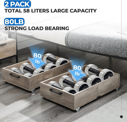 TIOPGHAD 2-Pack Under Bed Storage Drawers Organizer with Wheels, Brown | 58L total capacity, 80 lb per Drawer, Fits 6 in Bed Clearance, Rolling Drawers for Shoes, Clothes, Linens, Toys