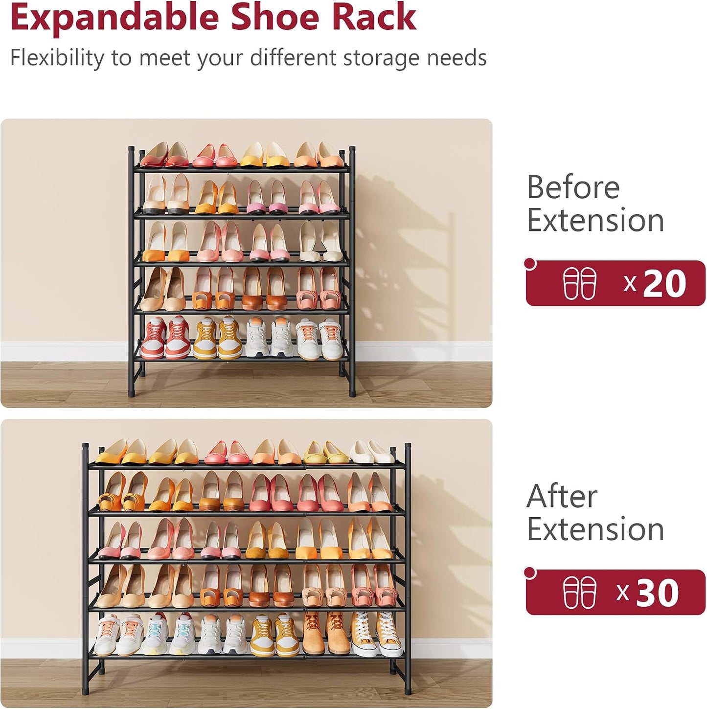Tajsoon Expandable Shoe Rack for Closet 3 Tier, 28“-41“Adjustable & Stackable Shoe Shelf Storage, Metal Shoe Rack Organizer for Front Door Entrance, Closet, Garage, Entryway, Black