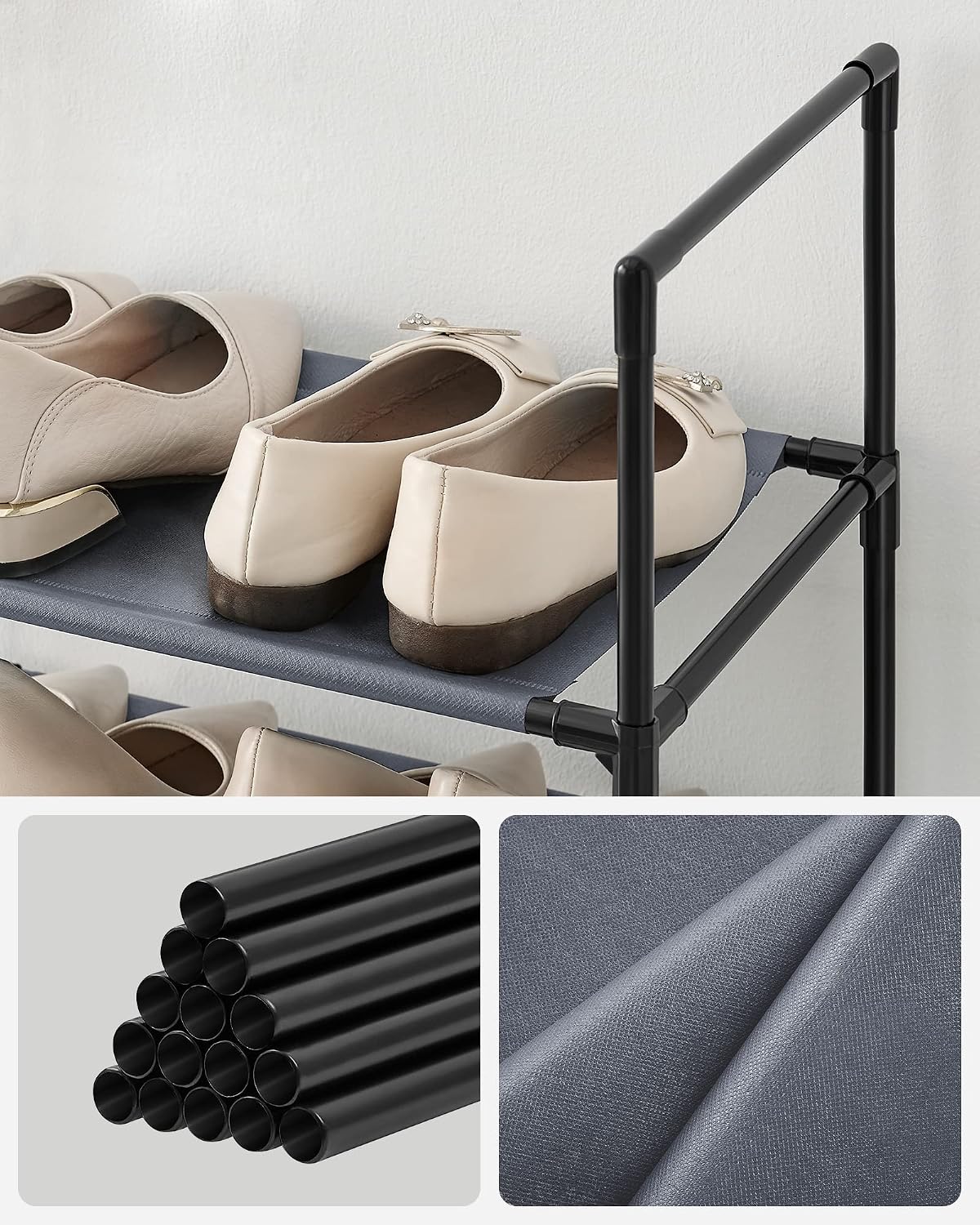 SONGMICS Shoe Rack, 10-Tier Shoe Shelf, Shoe Storage Organizer, 11 x 17.7 x 68 Inches, Metal Frame, Non-Woven Fabric Shelves, for Entryway, Bedroom, Black ULSH010B02