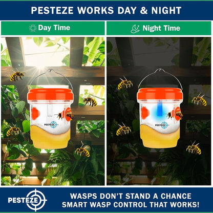 PESTEZE USA Reusable Solar Hanging Wasp Trap with LED Light [Orange: 3.5 x 4.4 Inch] Attracts, & Kills Wasp, Hornet, Yellow Jacket & Insect Species 24/7 Without Harsh Chemicals Waterproof Outdoor Trap