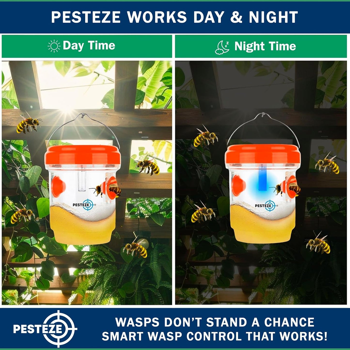 PESTEZE USA 2 Pack Reusable Solar Hanging Wasp Trap with LED Light [Orange, 3.5×4.4 in]–Attracts & Stop Wasps, Hornets, Yellow Jackets & Flying Insects Safely, Waterproof Outdoor Trap