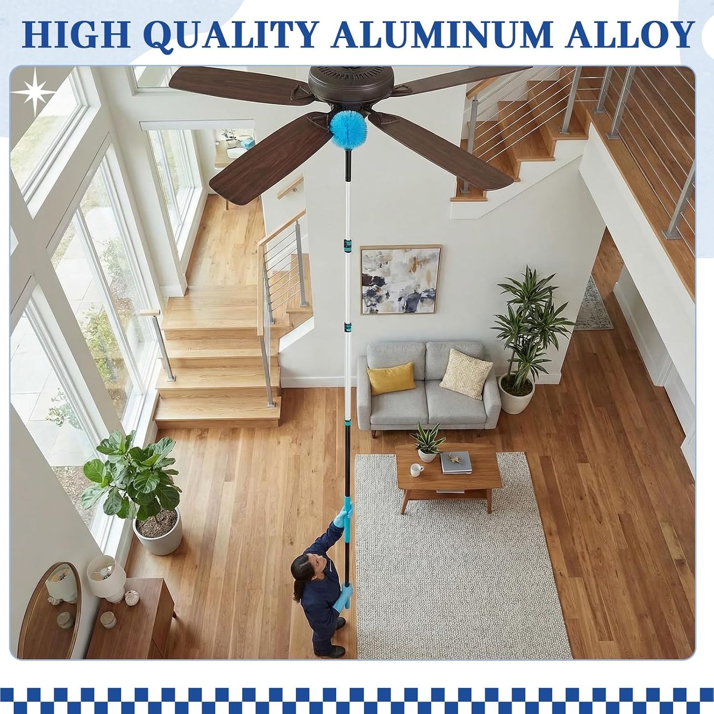 36ft Extra Long High Ceiling Duster with Extension Pole, Long Reach Cleaning Kit for Ceiling Fans, Windows & Cobwebs, Telescoping Pole with 6 Attachments for Home Church Warehouse Cleaning