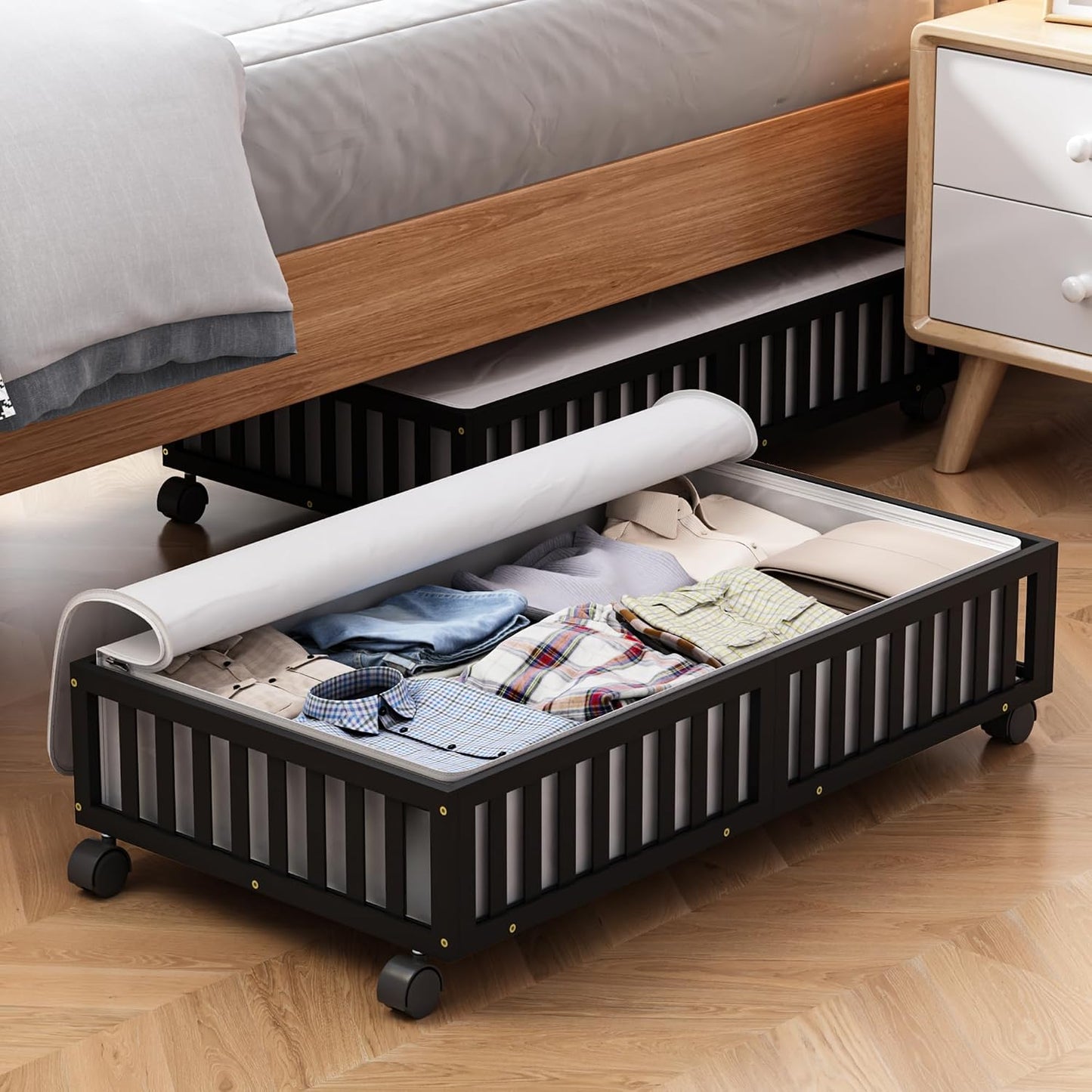 Bamboo Under Bed Storage Containers with Wheels, 2 Pack Under the Bed Shoe Storage Bins, Wood Rolling Underbed Drawers with Bag Organizer for Bedroom, Sheets Clothes Blanket Comforter, Under Crib Toy