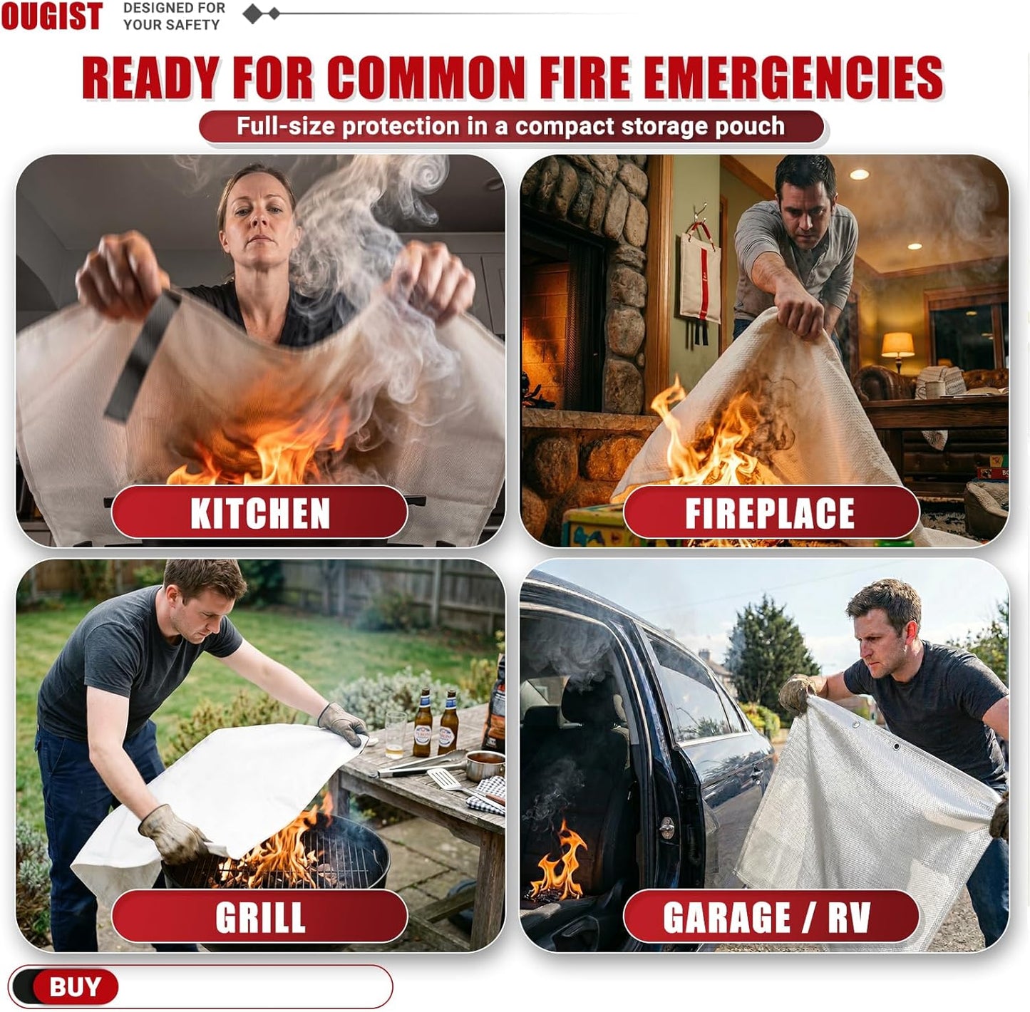 Ougist 1 Pack Emergency Fire Blanket for Home and Kitchen, 40"x40" Fiberglass Fire Blanket for Safety, Flame Suppression for Grill, RV & Camping, Peace of Mind for Your Family