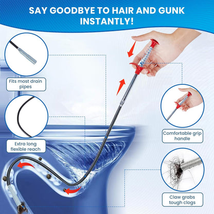 Drain Snake, 79 Inch Drain Clog Remover Tool with pair of Reusable Gloves – Flexible Grabber Claw Hair Drain Cleaner for Sink, Shower, Tub, Toilet, Bathroom & Kitchen Pipes