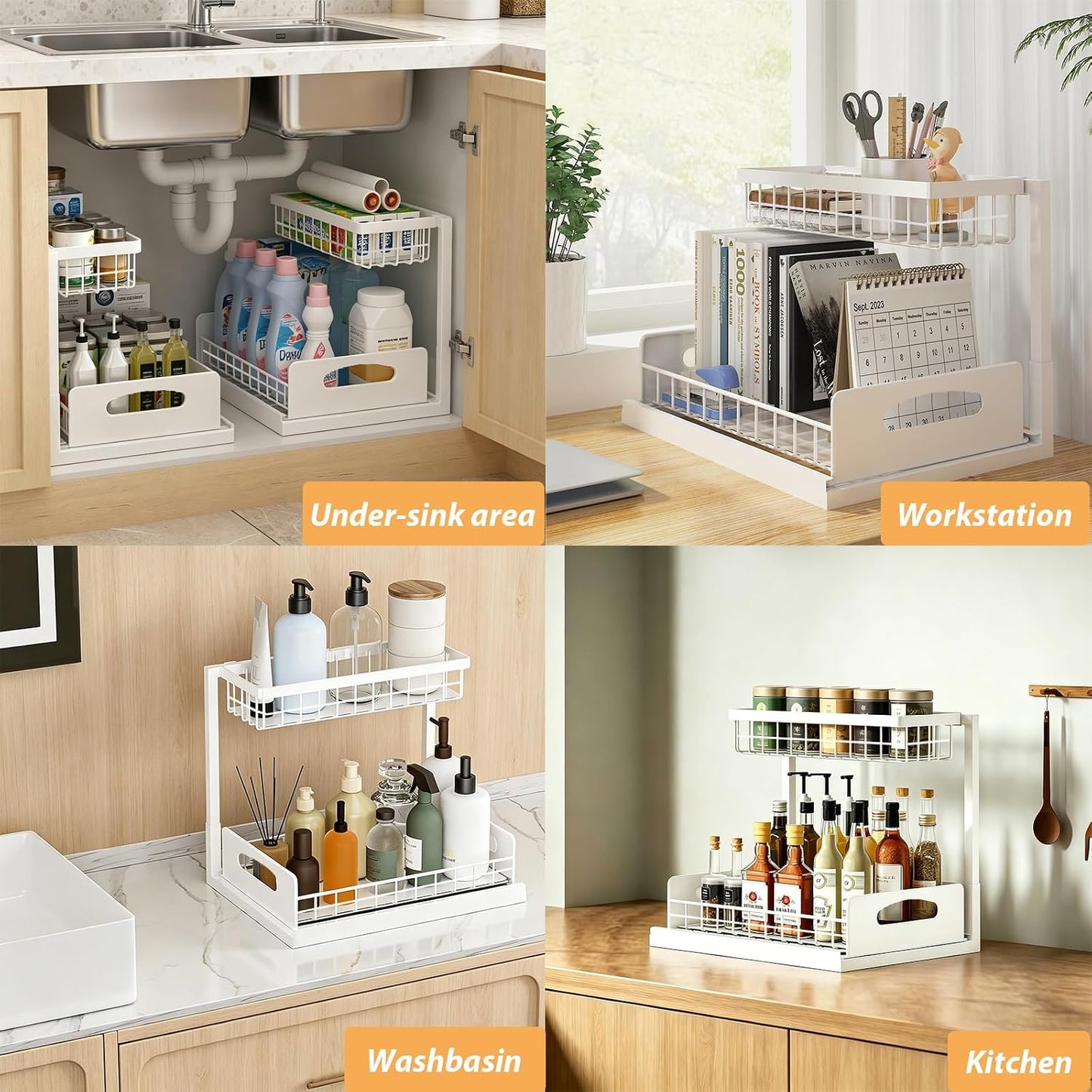 2 Pack Under Sink Organizer, 3-Tier Pull Out Kitchen Cabinet Organizer with 5 Adjustable Heights Metal Slide Out Bathroom Storage Makeup Drawer Rack for Bedroom Office Pantry Home Organization, White