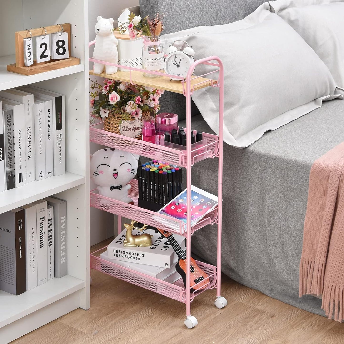 KINGRACK 4-Tier Slim Rolling Cart with Wooden Tabletop, Easy Assemble Metal Utility Cart, Slide Out Narrow Storage Cart for Narrow Space on Bedroom Bathroom Laundry Room Apartments Dormitory, Pink
