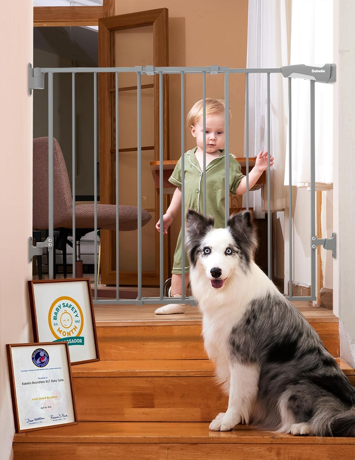 Babelio Baby Gate for Stairs, Kitchen & Doorways, No Bottom Bar| One-Handed Operation| Auto-Close| Hardware Mount (Drill Needed) Safety Dog/Pet Gate (Black - B17, 26-43" W, 28" H)