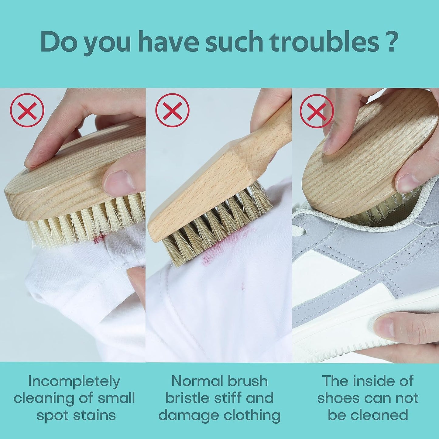 BFWood Laundry Stain Brush, Natural Soft Boar Bristle for Scrubbing Out Tough Stains on Delicate Fabrics, Knits, Cotton, Linens, No Damage