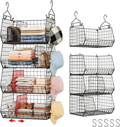 Jautokerdar 4 Tier Hanging Closet Organizer with Dividers,Extra Large Storage Hanging Shelf with 5 S Hooks 4 Dividers,Hang on Wire Closet Shelving Clothes Organizer-Black