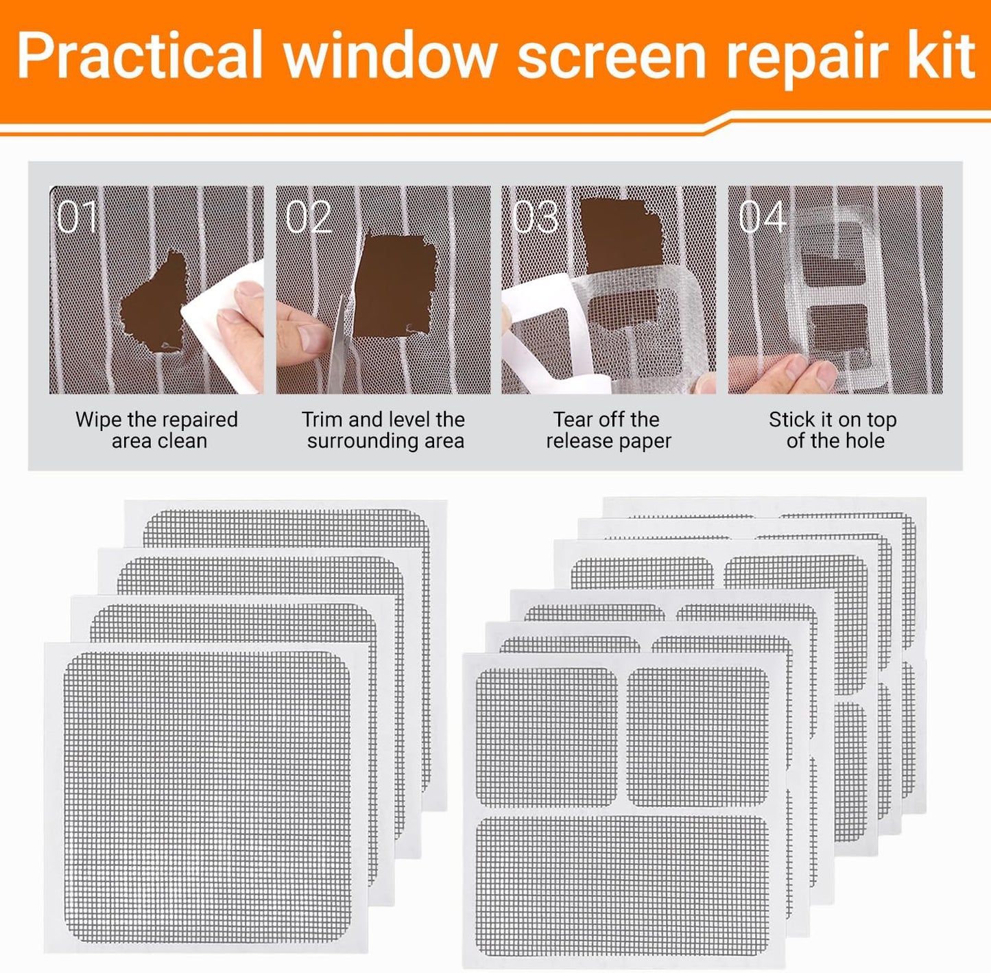 10 Pcs Self-Adhesive Window Screen Repair Kit - Fiberglass Mesh, 3 Sizes for Quick Fix