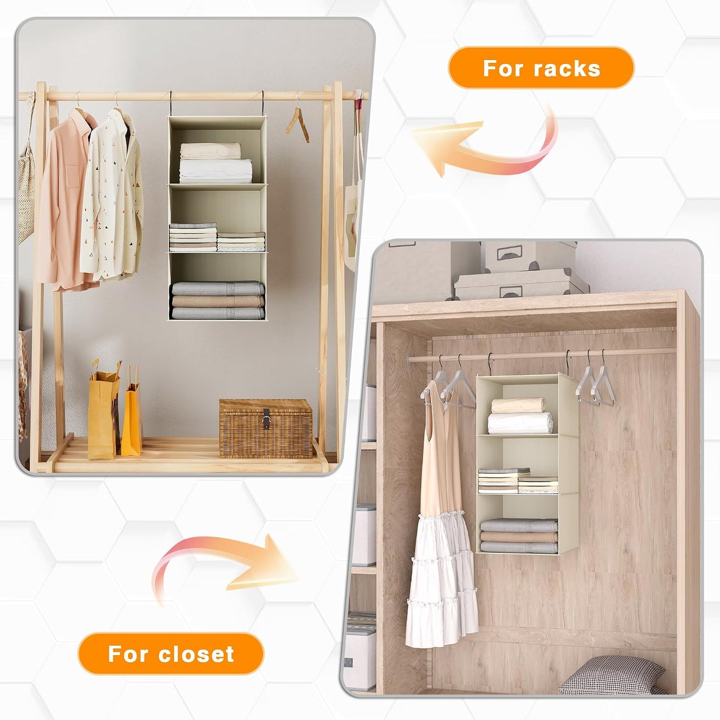 Hanging Closet Organizer 3-Shelf, Oxford Fabric Wardrobe Storage, Gray | Easy-mount foldable design holds clothes, handbags, shoes & accessories; washable Oxford fabric, sturdy and space-saving.