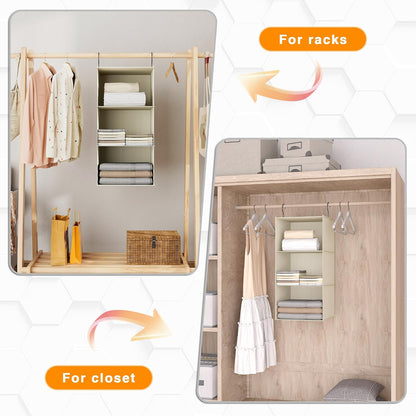 Hanging Closet Organizer 3-Shelf, Oxford Fabric Wardrobe Storage, Gray | Easy-mount foldable design holds clothes, handbags, shoes & accessories; washable Oxford fabric, sturdy and space-saving.