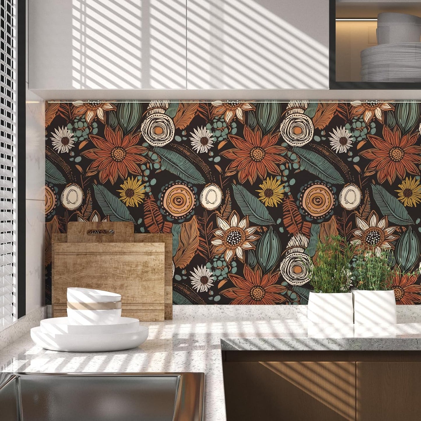 Blue Wallpaper Peel and Stick,Vintage Boho Floral Contact Paper 17.5" x 118", Retro Botanical Flower Wall Paper Self Adhesive Removable Waterproof for Walls Shelves Cabinet Table (Blue,Yellow, Green)