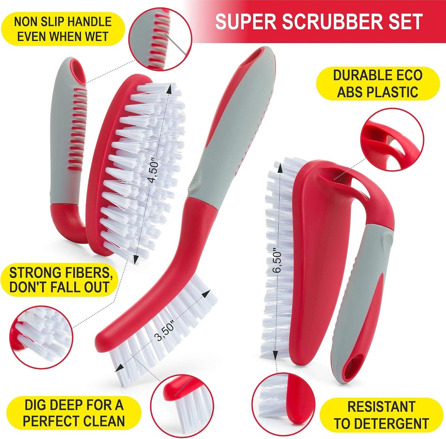 Scrub Brush Set of 3pcs - Cleaning Shower Scrubber with Ergonomic Handle and Durable Bristles - Grout Cleaner Brush - Scrub Brushes for Cleaning Bathroom/Shower/Tile/Kitchen/Floor/Bathtub/Carpet, Blue