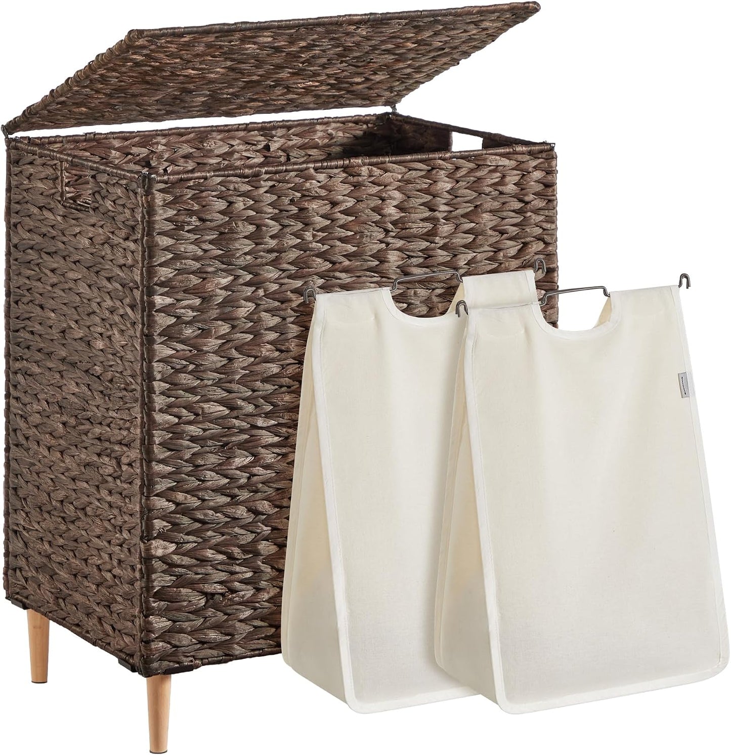 SONGMICS Laundry Hamper 3 Sections, 47.5 Gal. (180 L) Handwoven Water Hyacinth Wicker Laundry Basket with Lid, Natural Material, Removable Machine Washable Liners, Handles, Natural ULCB203Y01