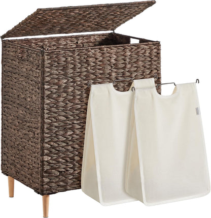 SONGMICS Laundry Hamper 3 Sections, 47.5 Gal. (180 L) Handwoven Water Hyacinth Wicker Laundry Basket with Lid, Natural Material, Removable Machine Washable Liners, Handles, Natural ULCB203Y01