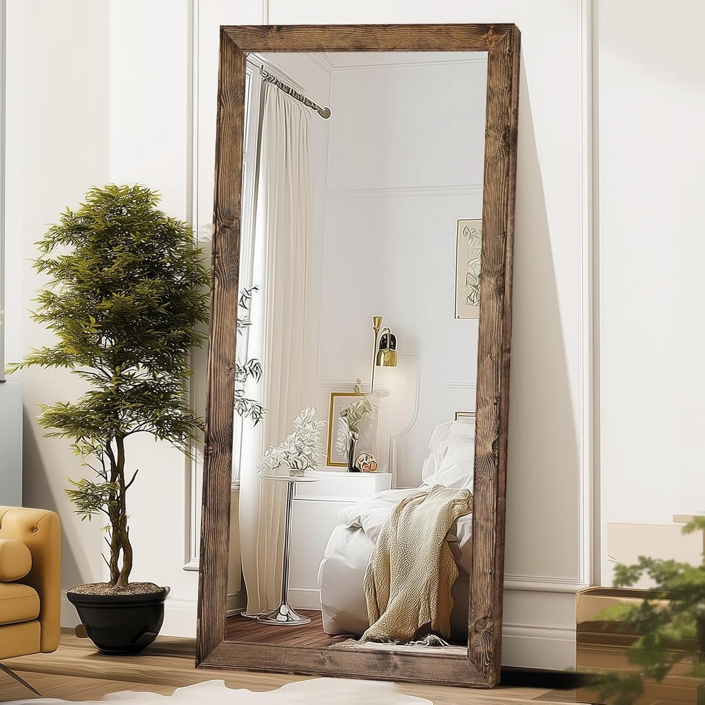 Solid Wood Full Length Mirror - 65"x22" Arched Floor Mirror, Free Standing & Wall Mounted - Elegant Design for Bedroom, Dressing Room, Hallway, Brown