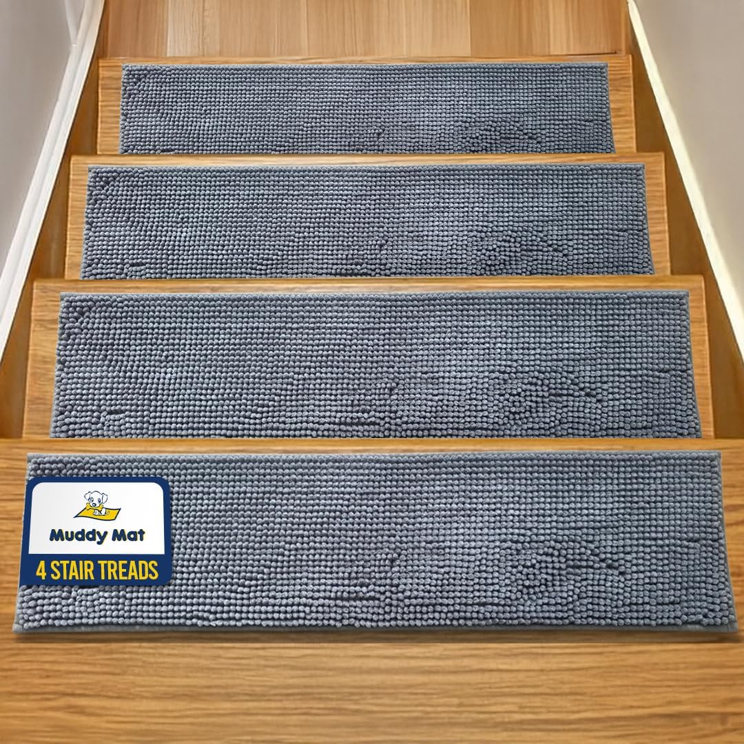 Muddy Mat® Pack of 4 - Soft Chenille Stair Treads Non-Slip Reusable, Super Absorbent Stair Treads for Wooden Steps, Tile & Marble Floor, Easy to Install & Machine Washable - Brown 30'' x 7''