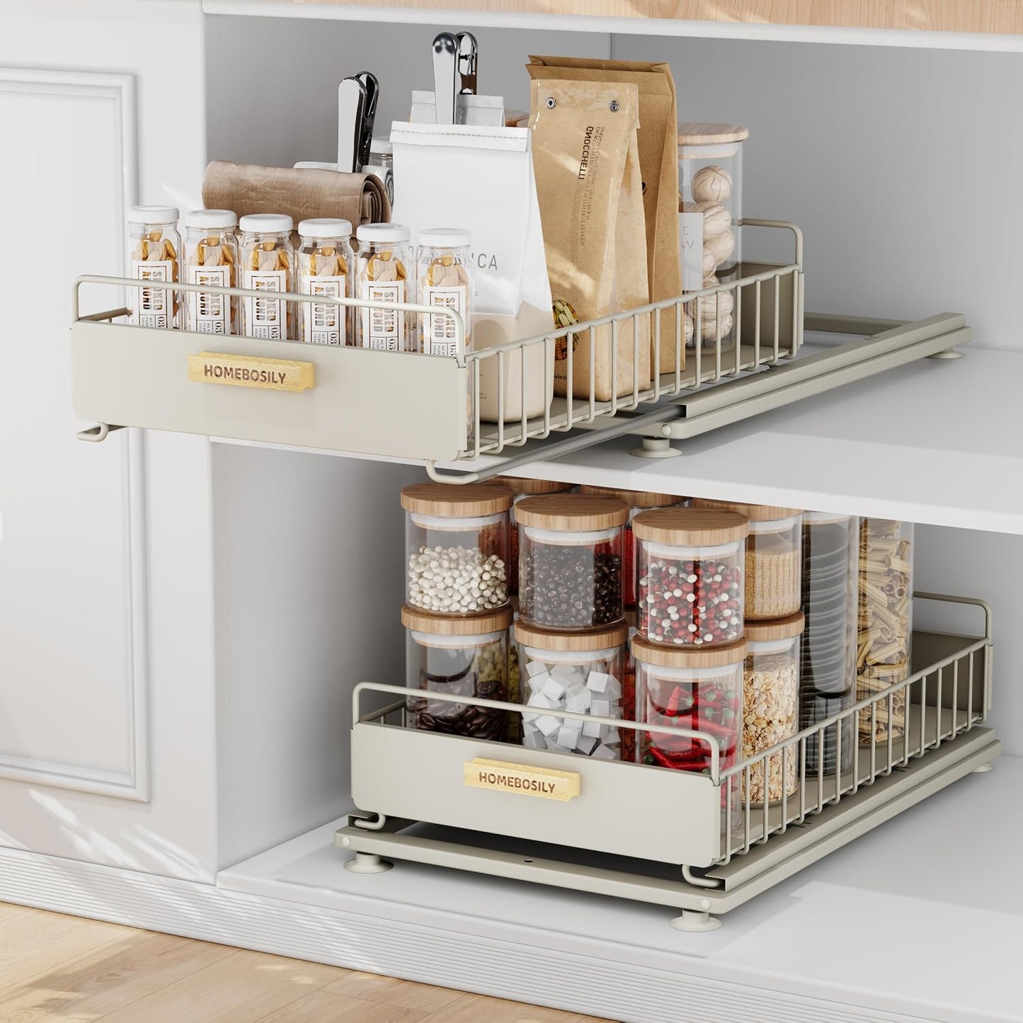 Under Sink Organizer Kitchen - Upgraded Professional Rails, 2 Tier Dual Pull Out Cabinet Storage, Height Adjustable Under Sink Storage, Metal Sliding Drawer for Kitchen & Bathroom, White, 2 Pack