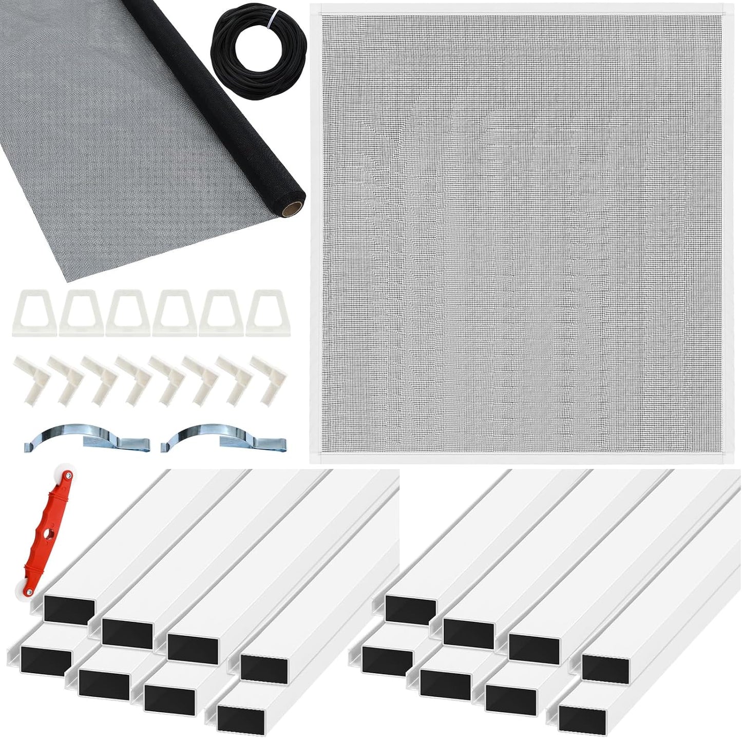 Yaocom 4 Pack Window Screen Kit 3/4 x 5/16 Inch Aluminum Frame with Corners, Spline, Springs, Pull Tabs, Screen Mesh and Screen Rolling Tool 32'' x 32''