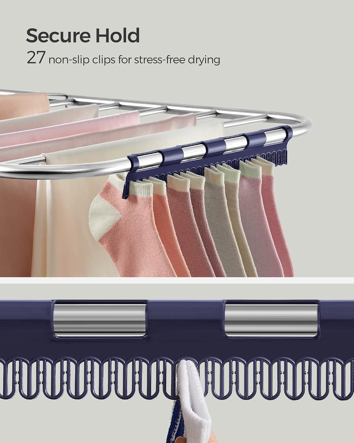 SONGMICS Clothes Drying Rack, with Sock Clips, Metal Laundry Rack, Foldable, Space-Saving, Free-Standing Airer, with 2 Height-Adjustable Gullwings, Indoor Outdoor Use, Gray ULLR052G01