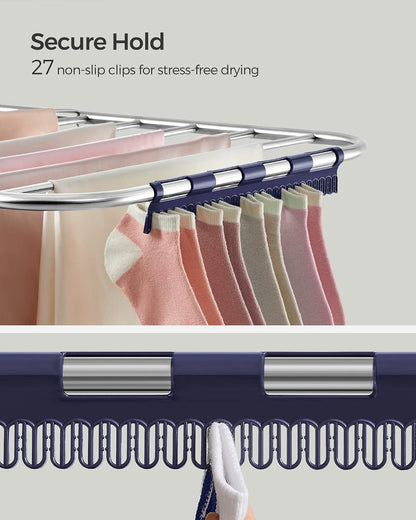SONGMICS Clothes Drying Rack, with Sock Clips, Metal Laundry Rack, Foldable, Space-Saving, Free-Standing Airer, with 2 Height-Adjustable Gullwings, Indoor Outdoor Use, Gray ULLR052G01