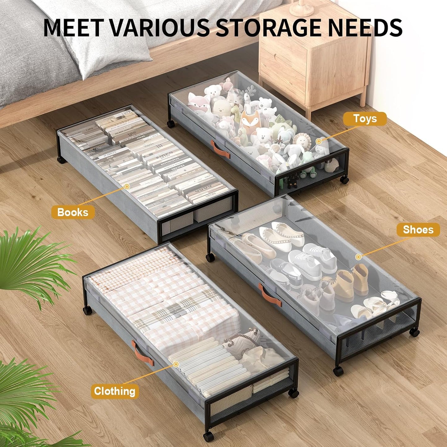 Under Bed Storage Containers with Wheels Large Underbed Shoes Blankets Clothes Toy Storage Drawers for College Dorms Bedrooms Nursery Rooms Organization (Black 2 Pack, 7.5in height(36"x16.6"x7.48"))
