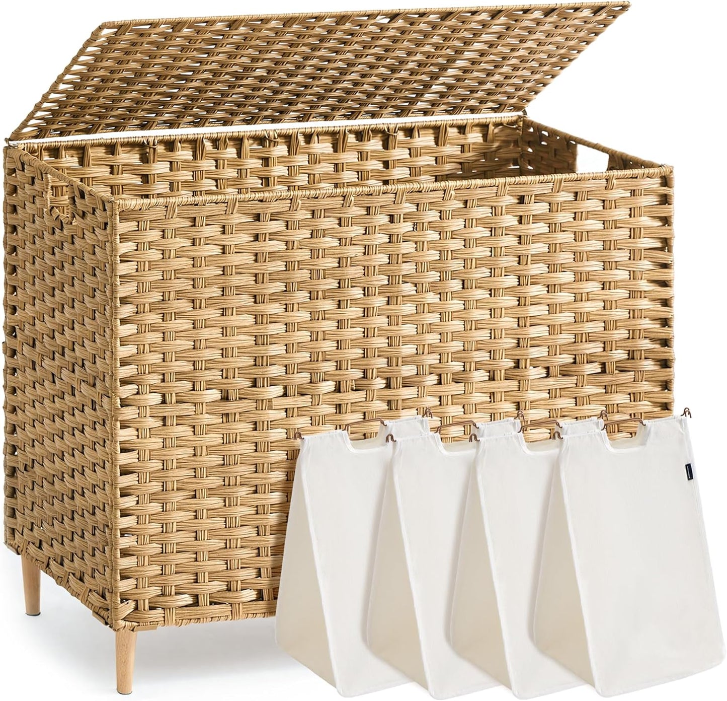 SONGMICS 3-Section Laundry Hamper with Lid, 42.2 Gal (160L) PE Rattan Laundry Basket with Removable Washable Liners, for Bedroom & Living Room, Chestnut Brown ULCB223ME01