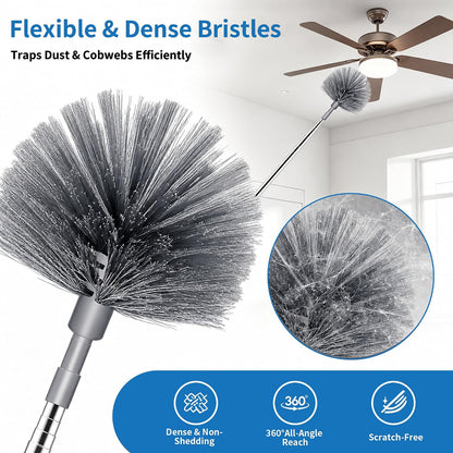 Cobweb Duster with Extension Pole, Upgraded Heavy Duty Thickened Stainless Steel Telescopic Handle for High Ceilings & Ceiling Fans, 90" Total Reach (15.7" Compact), Medium Stiff Bristles (Orange)