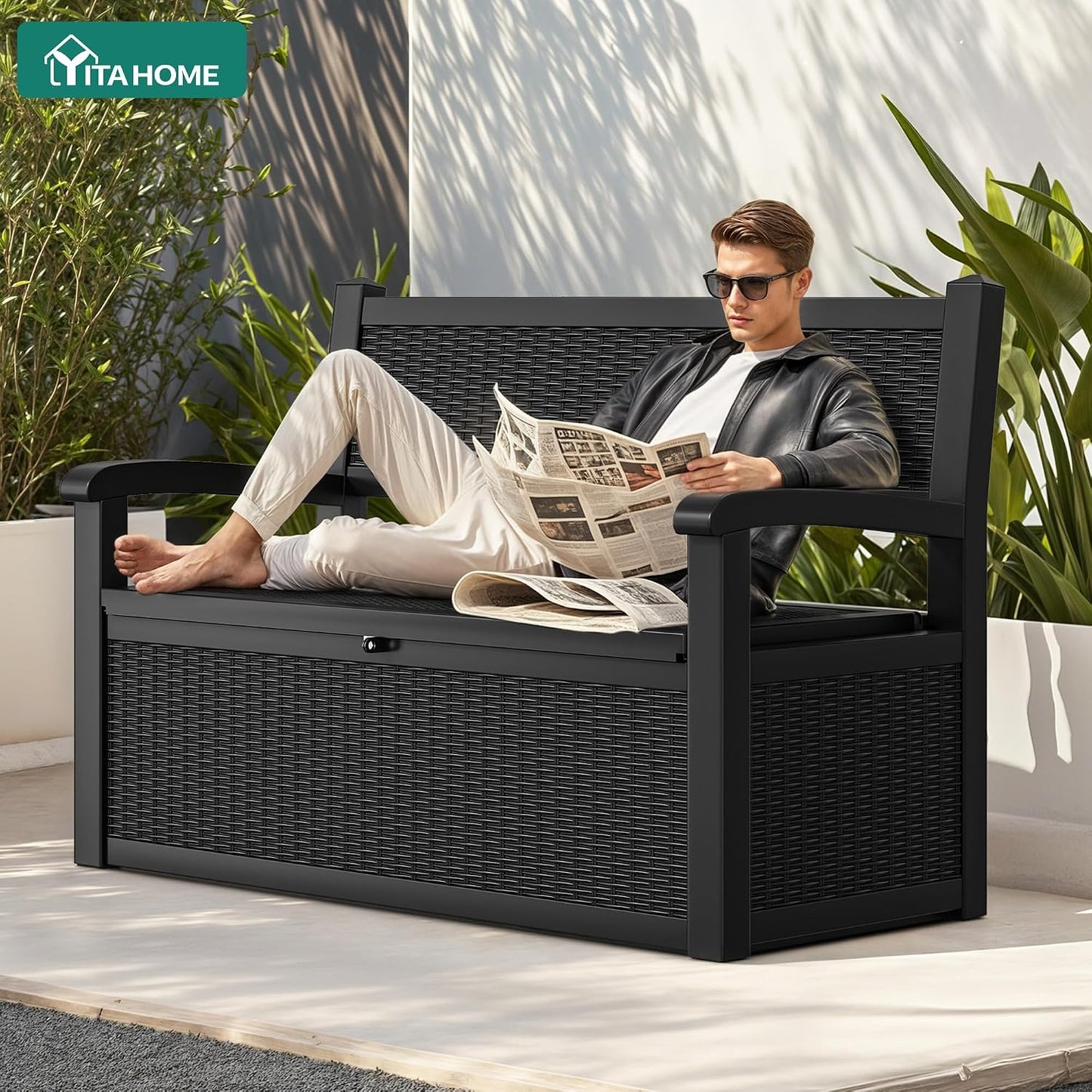 YITAHOME 100 Gallon Large Outdoor Deck Box | Waterproof Resin Storage Box, Lockable Indoor Outdoor Storage Container for Patio Furniture Cushions, Pool Accessories