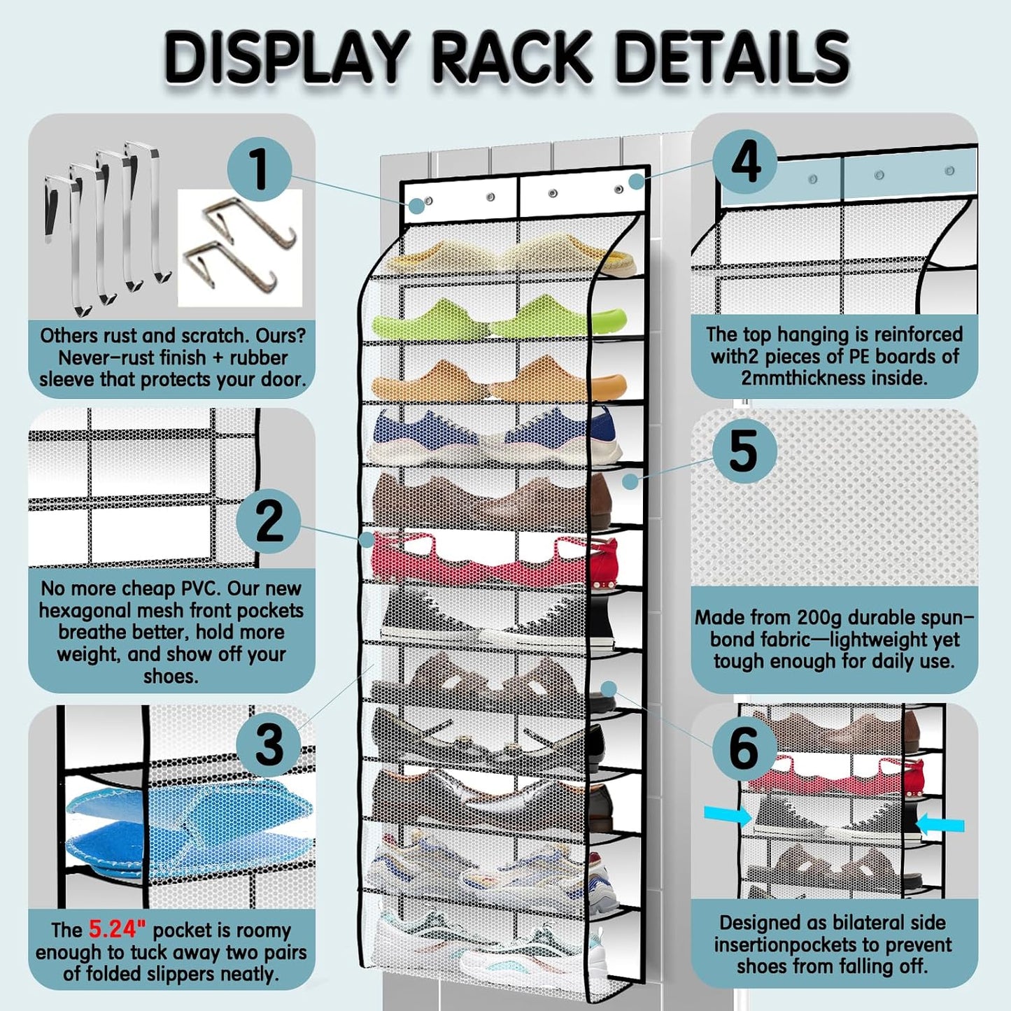 Kotkn Over The Door Shoe Organizer with 12 Large Breathable Pockets - Durable Hanging Storage for the Entire Family's Shoes (White)