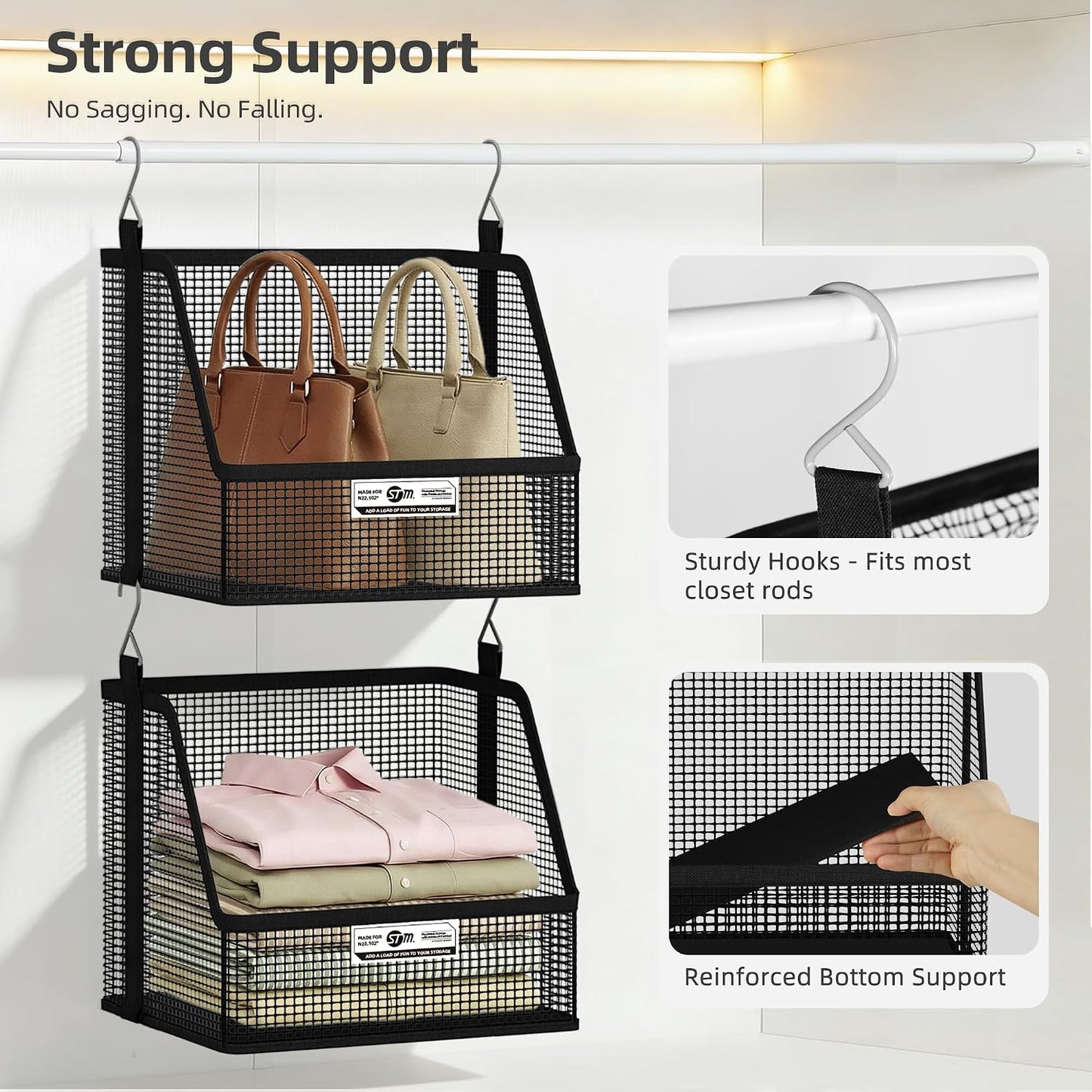 STORAGE MANIAC 3 Tier Hanging Closet Organizer with Mesh Baskets, Clothes Hanging Shelves, Foldable Stackable Storage, Space-Saving Collapsible Basket with Hooks for RV, Dorm, Bedroom, College, Black