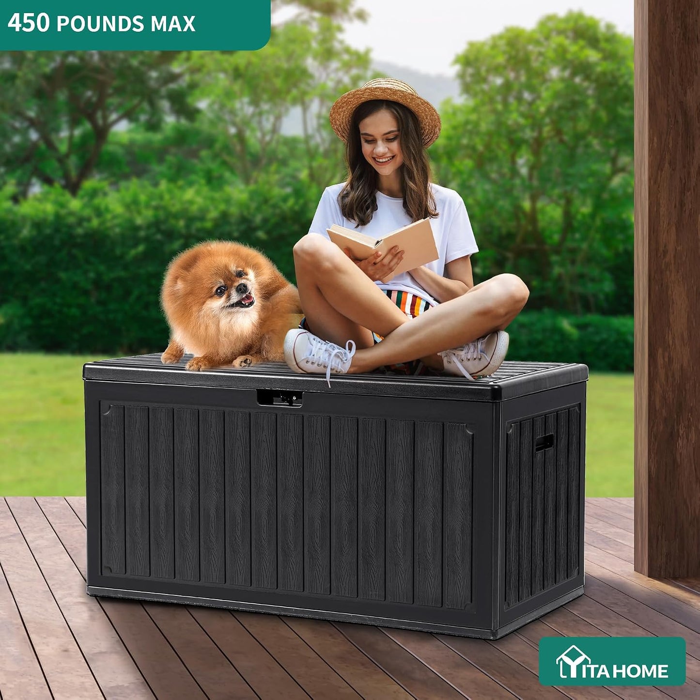 YITAHOME 100 Gallon Large Outdoor Deck Box | Waterproof Resin Storage Box, Lockable Indoor Outdoor Storage Container for Patio Furniture Cushions, Pool Accessories